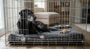 A well-ventilated wire dog crate providing clear visibility for an older dog.