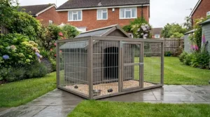 A complete wooden dog kennel and secure galvanized wire run system installed on a paved backyard patio.
