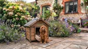 A sturdy wooden dog kennel featuring an open entrance, offering great value for under £150.