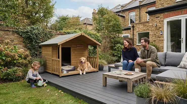 Premium wooden dog kennel with a covered veranda, designed to keep dogs sheltered and comfortable in UK gardens. wooden dog kennel with veranda