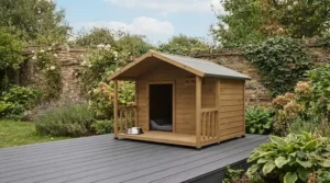 A wooden pet house with timber decking neatly positioned on a lawn in a typical UK back garden.