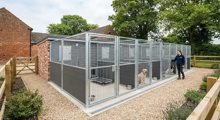 High-quality overview of an affordable commercial kennel setup under £800, featuring durable runs and shelters arranged in a professional British boarding layout. affordable commercial kennel setup under £800