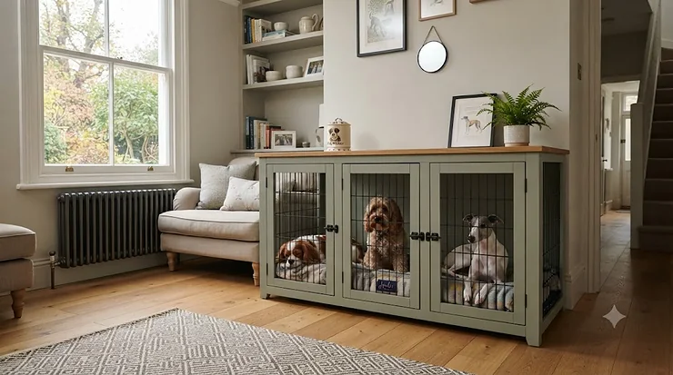 Wooden triple dog kennel and crate furniture under £400 styled in a British living room. affordable triple dog kennel under £400