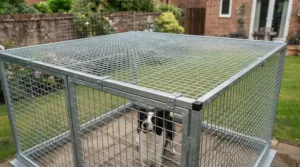 An anti-digging base frame anchored firmly to paving slabs, preventing dogs from burrowing underneath the perimeter of the outdoor run.
