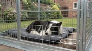 A comfortable and secure indoor setup of a dog run featuring a durable waterproof bed and a stainless steel water bowl.