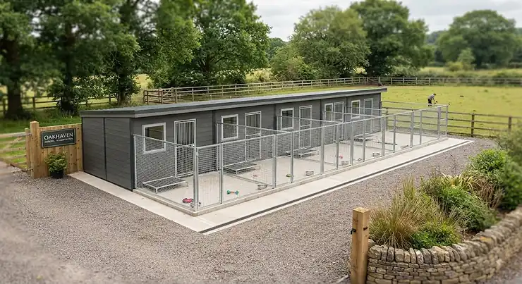 A modern commercial block of kennels with individual runs, designed for licensed dog breeders in the UK. block of kennels vs single kennel for breeders