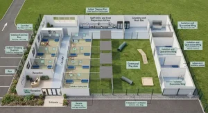Architectural floor plan illustrating zoning for reception, isolation units, exercise yards, and sleeping areas in a commercial dog boarding establishment.