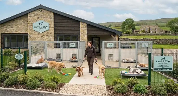 A spacious, modern commercial dog kennel facility in the UK featuring secure outdoor runs and heated indoor sleeping quarters for a boarding business. commercial dog kennels for boarding business