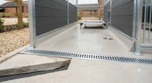 Easy-to-clean concrete flooring with integrated drainage slope inside an affordable commercial kennel installation.