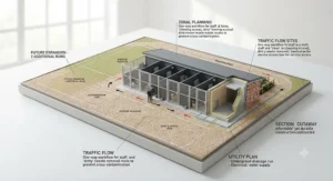 Diagram showing space-saving layout planning for a budget-friendly commercial dog kennel setup in a British yard.