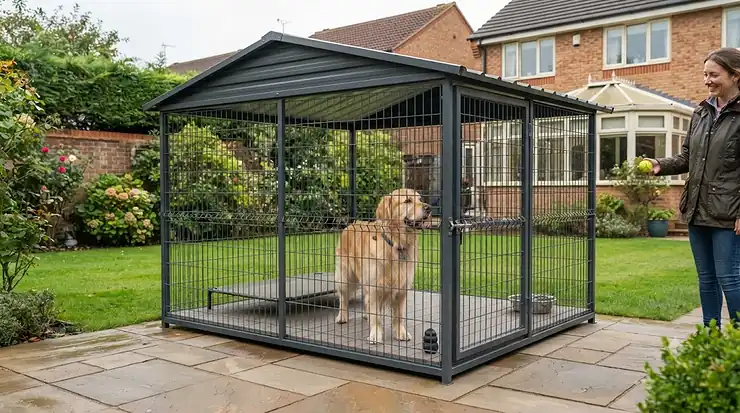 Photorealistic view of a spacious covered dog run installed on a composite deck in a well-maintained British suburban garden, featuring a comfortable raised bed and a contented Golden Retriever. covered dog run for large dogs