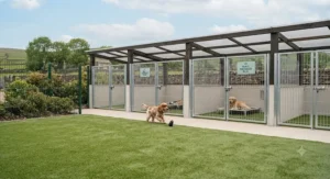 Weatherproof covered outdoor exercise runs with durable artificial turf surfacing designed for daily dog play and socialisation.
