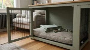 Comfortable bedding inside a spacious triple dog crate setup for three pets.