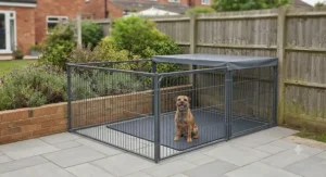 Custom L-shaped modular dog run layout fitted neatly into a paved garden corner