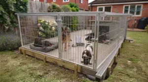 A secure outdoor dog run with a durable concrete base installed in a British back garden.