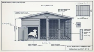 Technical specification diagram showing the overall dimensions and layout of a twin breeding dog kennel.