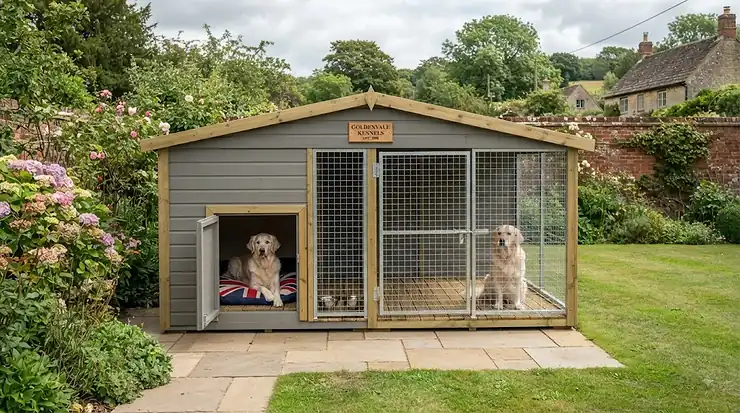 A heavy-duty wooden double dog kennel for breeders installed in a British garden, designed for safe and secure dog housing. double dog kennel for breeders