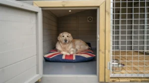 Insulated interior sleeping compartment of a double dog kennel, showing comfortable bedding space for professional dog breeding.