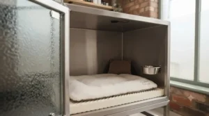 Rust-resistant stainless steel and glass dog kennels designed for busy salons.