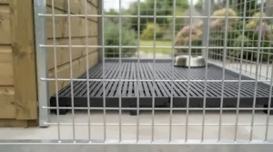 Raised, easy-to-clean plastic flooring inside a budget-friendly dog house for home breeding setups.