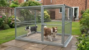 Rust-resistant galvanised steel framework of a secure outdoor dog pen, ensuring long-lasting durability in the UK climate.