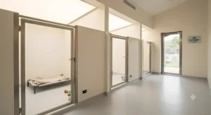 Clean, well-ventilated indoor dog sleeping quarters with underfloor heating, wipe-clean surfaces, and raised beds in a licensed boarding facility.
