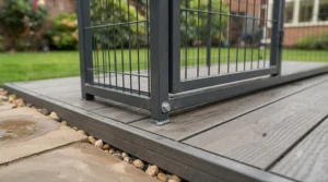 Macro shot of the secure, spring-loaded lockable gate latch and heavy-duty hinges on the outdoor dog run, ensuring safe containment for powerful dogs.