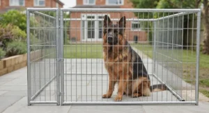 Heavy-duty galvanised modular dog run housing a large working dog breed securely