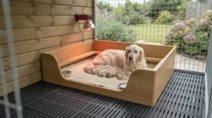 Safe indoor whelping box section integrated into a low-cost breeding kennel setup.