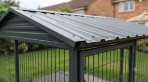 Close-up detail showing the durable, water-resistant roof structure and heavy-duty galvanised steel frame of the covered dog run, designed for all-weather British garden use.