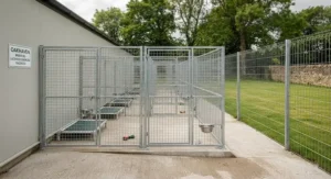 Secure mesh exercise runs attached to a block of kennels, meeting UK local authority licensing space requirements.