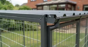Flat-pack modular components of the large dog run laid out on garden decking alongside simple assembly tools and fixings for straightforward DIY installation.