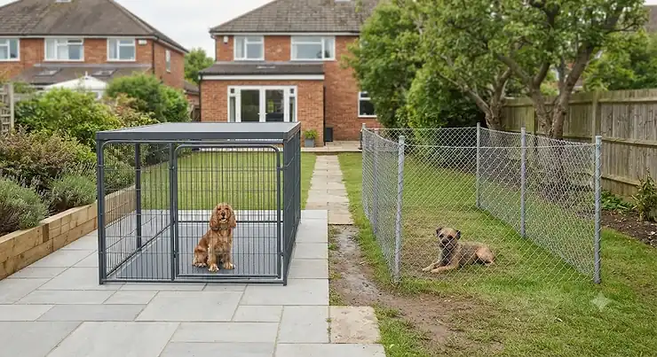 Comparison of a modern galvanised modular dog run vs chain link dog run installed in a UK garden modular dog run vs chain link dog run