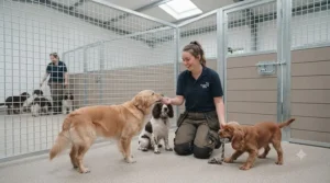 Modular heavy-duty kennels for dog daycare showing flexible layout design for commercial boarding kennels.