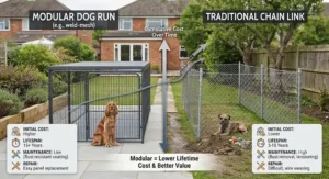 Infographic comparing longevity and cost of modular dog runs versus traditional chain link