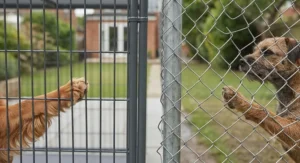 Close-up of weld-mesh panels on a modular dog run compared to flexible chain link fencing wire