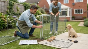 Close-up of a person connecting the base frame corner of an outdoor dog enclosure for puppies using heavy-duty bolts on a green lawn.