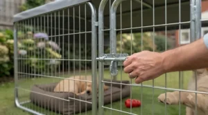 Detail shot of checking frame measurements and alignment with a calliper during the construction of an outdoor dog enclosure for puppies.