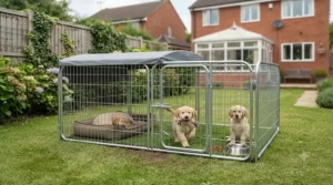 Neatly laid out galvanised steel panels, connectors, and weather-resistant roofing components of an outdoor dog enclosure for puppies on a garden canvas sheet.
