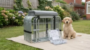 Fully assembled outdoor dog enclosure for puppies in a lush British garden, complete with a comfortable bedding mat, water bowl, and playful puppies inside.