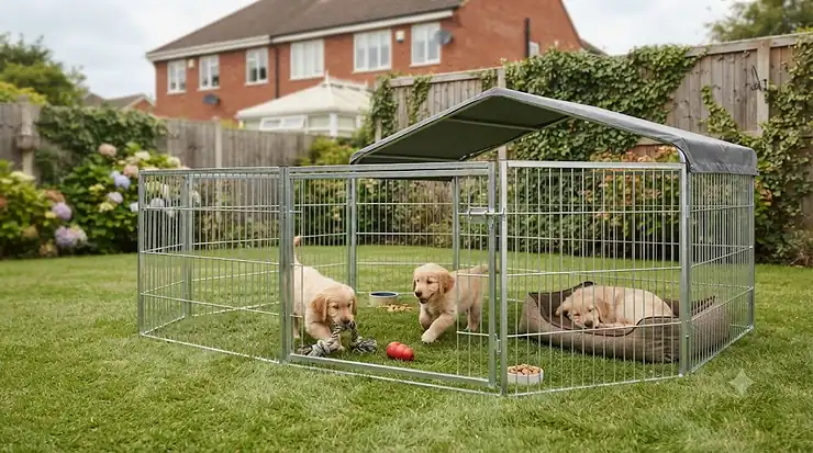 Photorealistic 4K view of a secure outdoor dog enclosure for puppies set up on a well-maintained lawn in a typical British garden, featuring a weatherproof canopy and a happy golden retriever puppy. outdoor dog enclosure for puppies