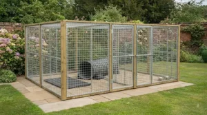 Covered outdoor secure exercise runs attached to a twin dog kennel setup on a paved patio.