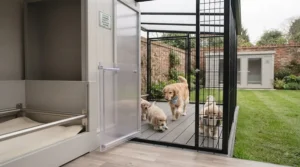 Secure outdoor kennel and covered exercise run suitable for professional dog breeding setups in the UK.