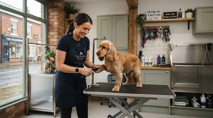 Modern stainless steel kennels inside a professional dog grooming salon in the UK. kennels for professional dog groomers