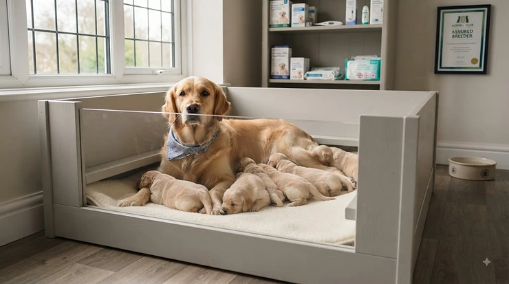 Professional whelping kennel installed in a clean UK garden, designed for ethical dog breeders and licensed breeding establishments. whelping kennel for breeders