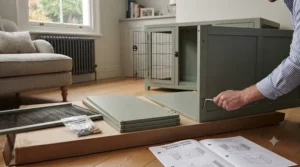 Slide-out plastic tray at the bottom of a triple dog crate for easy cleaning.