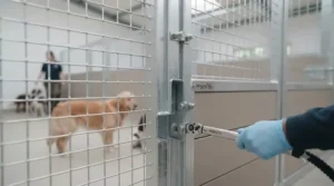 Anti-scratch coating and smooth rounded safety edges on a heavy-duty dog daycare kennel enclosure.