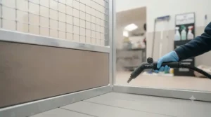 Secure self-locking gate mechanism on a heavy-duty dog daycare kennel run in a commercial boarding facility.