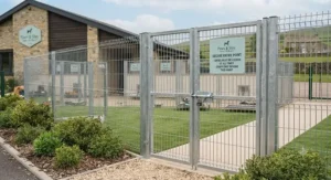 Heavy-duty galvanized steel security fencing and secure double-gated entry system surrounding commercial outdoor exercise runs.