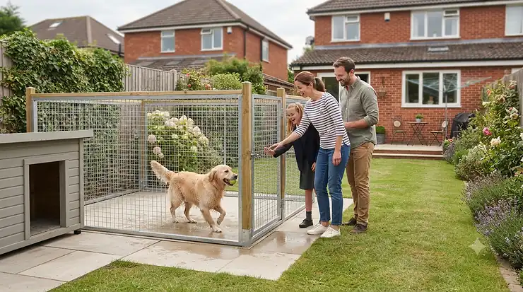 A fully assembled outdoor dog run on a concrete base featuring a raised wooden kennel. dog run with concrete base